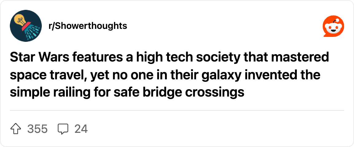 Critique of the lack of safety railings on bridges in the high-tech Star Wars universe.
