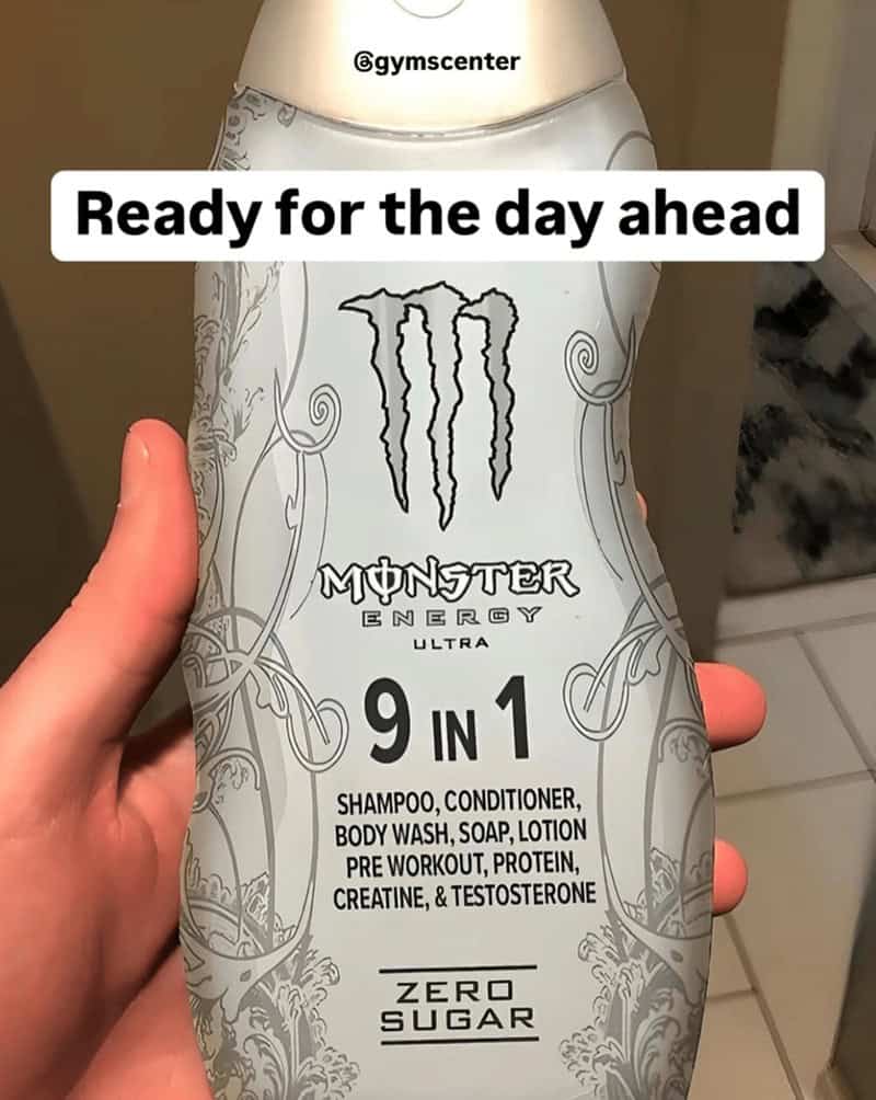 Fake 9-in-1 Monster Energy bottle containing shampoo, pre-workout, protein, and testosterone.