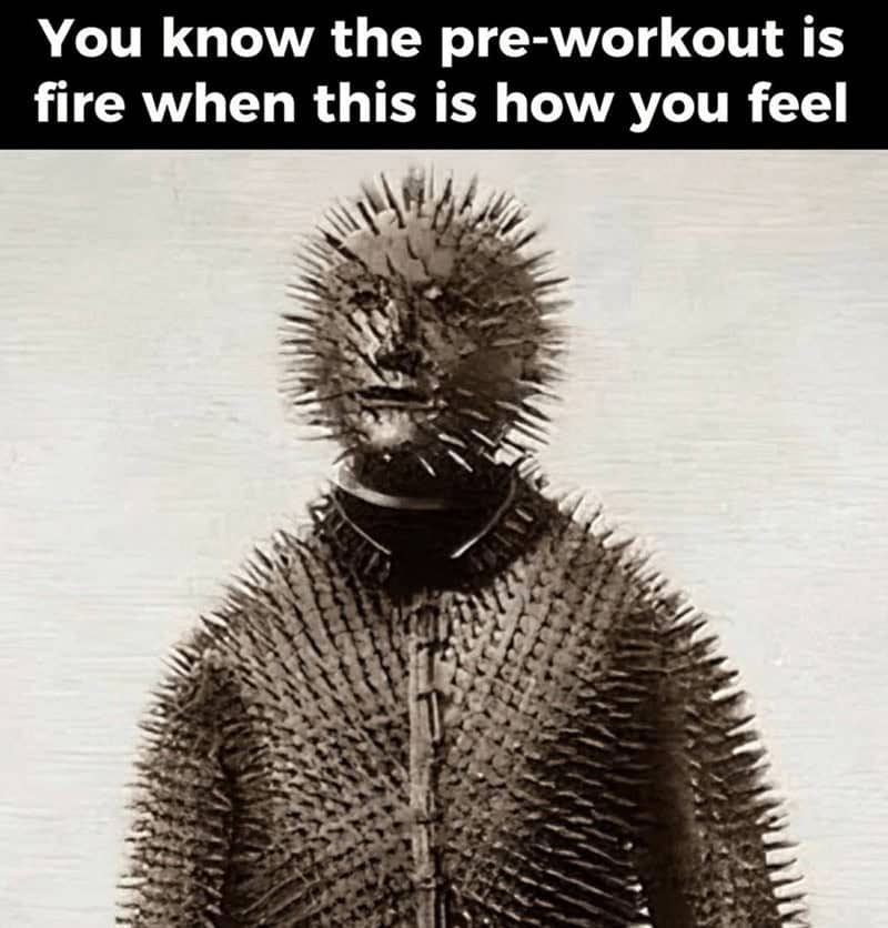 Person wearing a full body suit of spikes representing the tingling sensation of pre-workout.