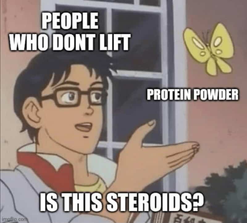 Anime man gesturing to a butterfly labeled protein powder asking if it is steroids.