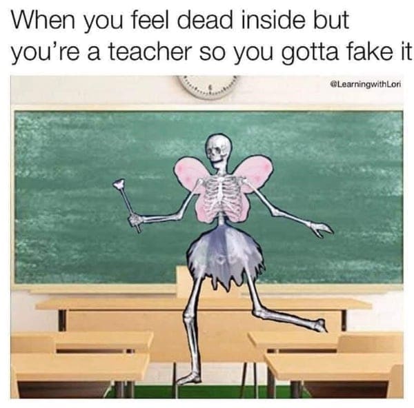 Skeleton wearing pink fairy wings dancing in a classroom to fake happiness.