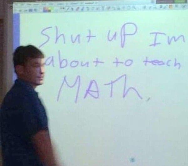 Teacher standing next to a projected message telling class to shut up.