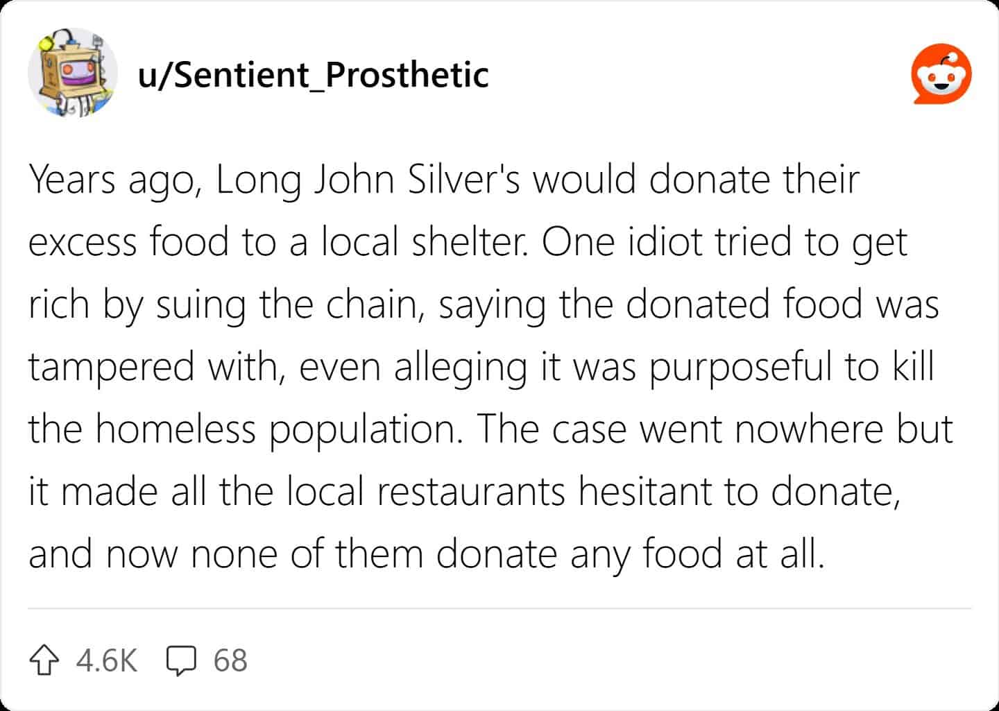 Reddit story about Long John Silver's stopping homeless shelter donations due to a lawsuit.