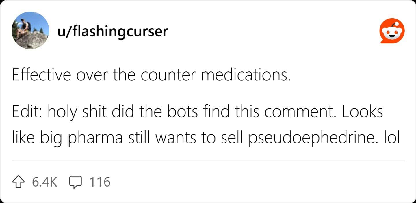 Reddit post complaining about restrictions on effective over-the-counter medications like pseudoephedrine.