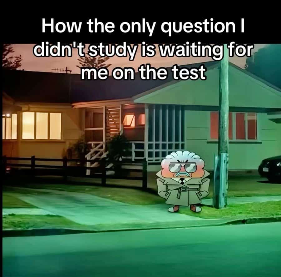 Meme about the one unstudied question waiting on a test like an enemy.