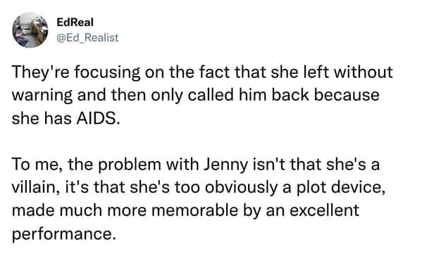 Tweet analyzing Jenny as a tragic plot device rather than a traditional villain.
