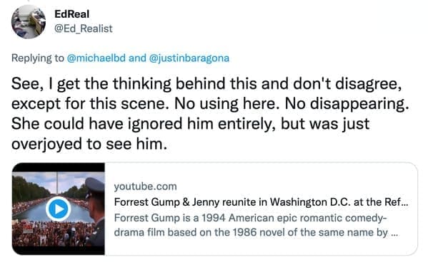 User replies with Washington DC reunion scene defending Jenny against villain accusations.