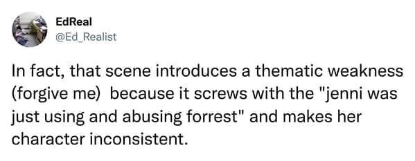 Tweet discussing thematic weakness in Forrest Gump regarding Jenny's character consistency.