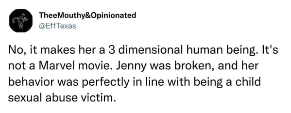 Tweet arguing Jenny is a three-dimensional abuse victim, not a Marvel villain.