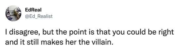 Tweet arguing that realistic motivations do not stop Jenny from being the villain.