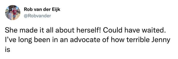 Tweet criticizing Jenny for making the Washington DC moment all about herself.