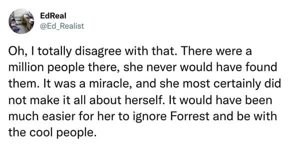 Tweet defending Jenny's choice to reunite with Forrest instead of ignoring him.