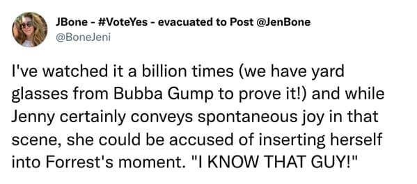 Fan tweet suggesting Jenny inserted herself into Forrest's moment at the Reflecting Pool.