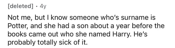 Reddit user sharing a story about a kid accidentally named Harry Potter before the books became famous.