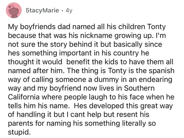 Reddit story about a man named Tonty which translates to dummy in Spanish causing embarrassment.