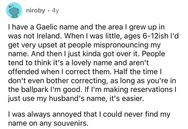 Reddit user complaining about the struggle of having an unpronounceable Gaelic name outside of Ireland.