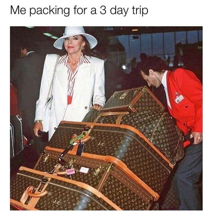 Vacation meme of a woman traveling with an absurd stack of Louis Vuitton luggage for a short three-day trip.