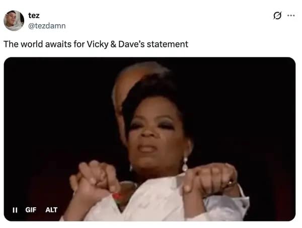 A victoria beckham meme using a photo of Oprah Winfrey gripping someone's arm to represent waiting for a statement.