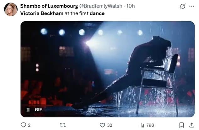 A victoria beckham wedding dance meme showing her iconic chair splash scene from a music video.