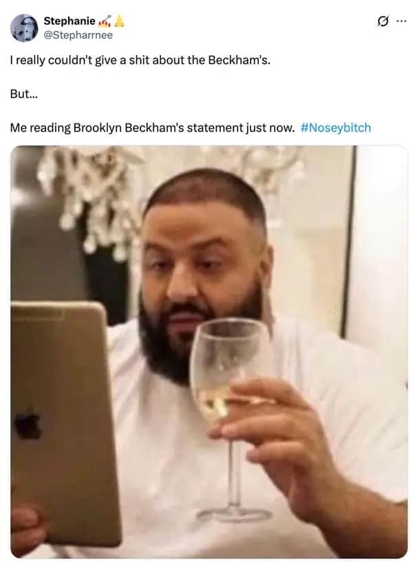 A victoria beckham meme featuring DJ Khaled squinting at a phone to read a statement about the wedding drama.