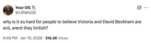 A victoria beckham meme tweet joking that people should easily believe the couple is "evil" simply because they are British.