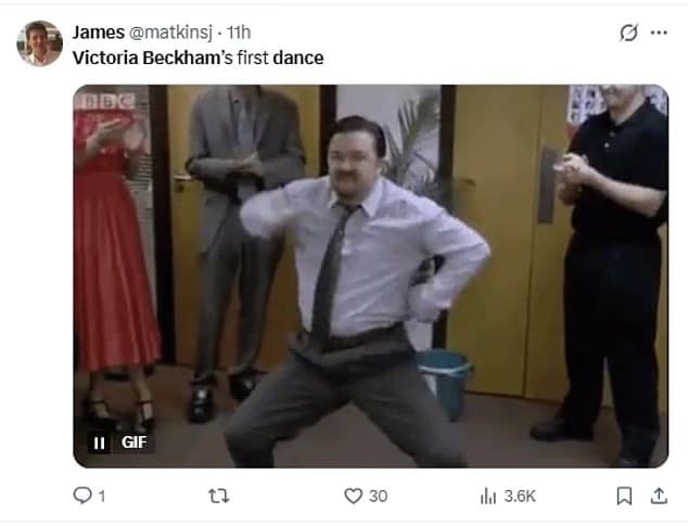 A victoria beckham wedding dance meme showing Ricky Gervais doing his awkward dance from The Office.