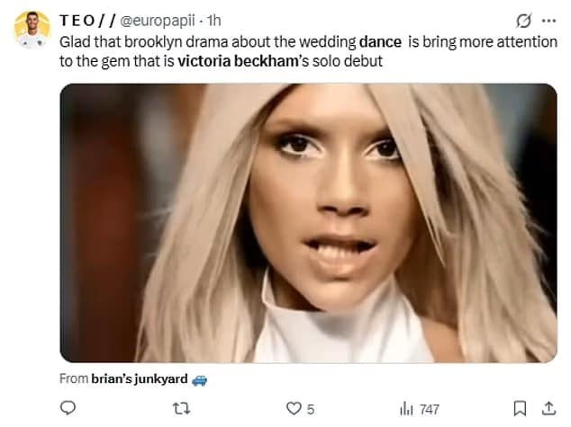 A victoria beckham meme tweet celebrating that the wedding drama is bringing attention to her solo music career.