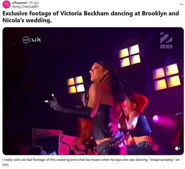 A victoria beckham wedding dance meme showing her performing "Out of Your Mind" on stage in a black outfit.