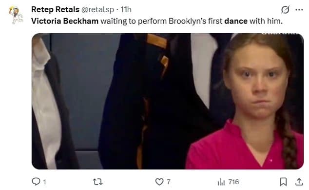 A victoria beckham meme using an intense stare from Greta Thunberg to represent Victoria waiting to dance with her son.