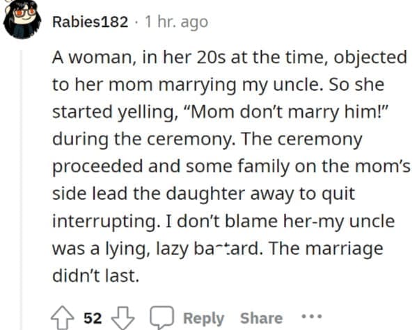 Reddit story about a daughter objecting to her mom marrying a lazy liar.