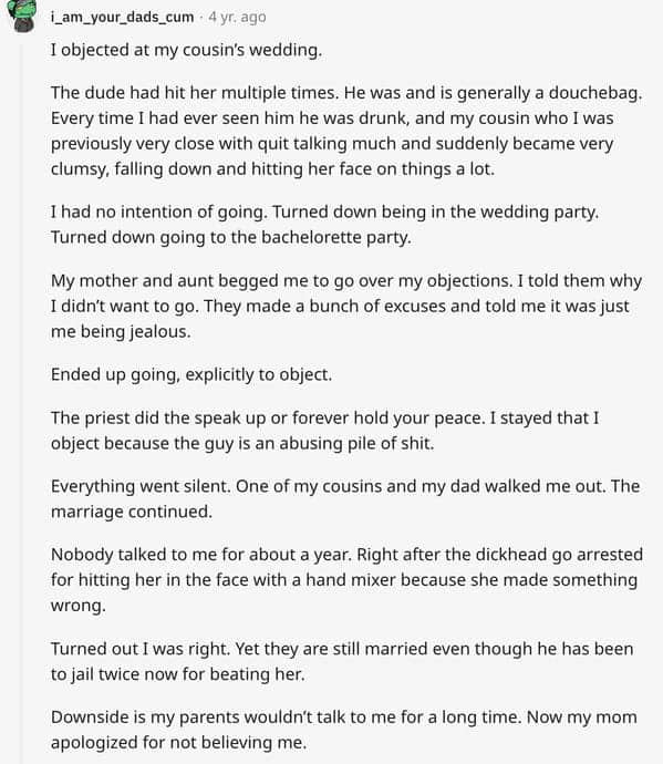 Reddit story about a cousin objecting to a wedding to protect the bride from abuse.