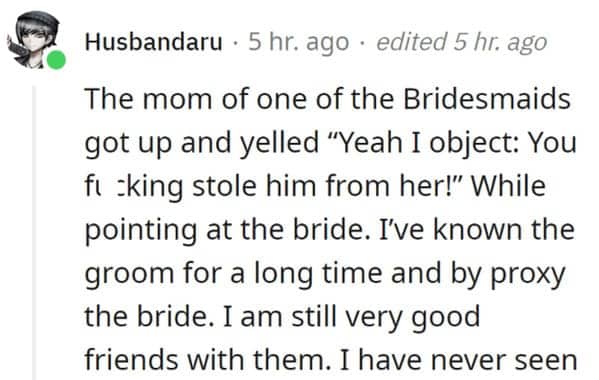 Reddit story about a mother objecting because the groom stole the bride from her daughter.