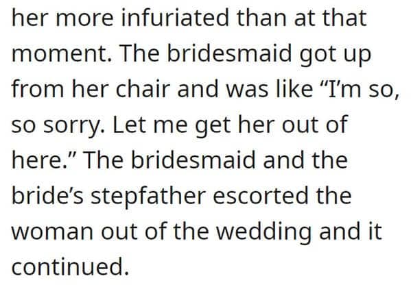 continuation of a story where a mortified bridesmaid apologizes after her mom objects.