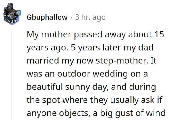 Reddit story setup about a gust of wind interrupting a dad's second wedding.