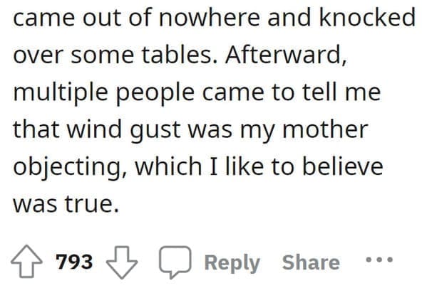 Reddit story conclusion about wind knocking over tables being interpreted as a ghost objection.