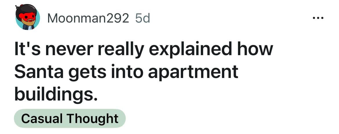 Reddit post questioning how Santa Claus delivers presents to apartments without chimneys.