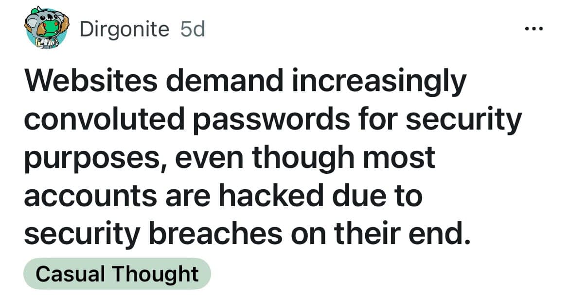 Tweet criticizing websites for strict password rules despite their own security breaches.
