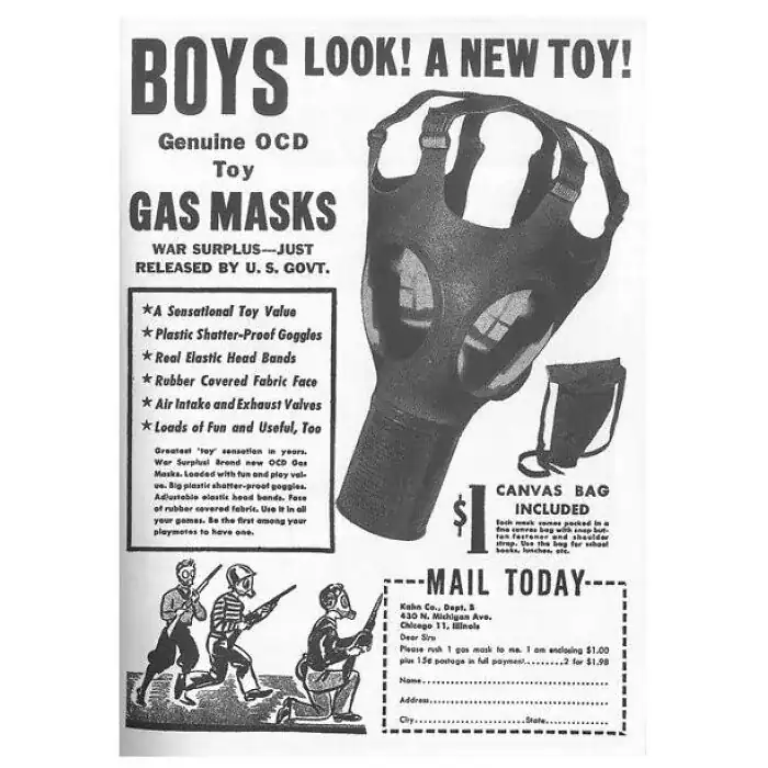 Vintage toy advertisement selling surplus gas masks to children as fun playthings.