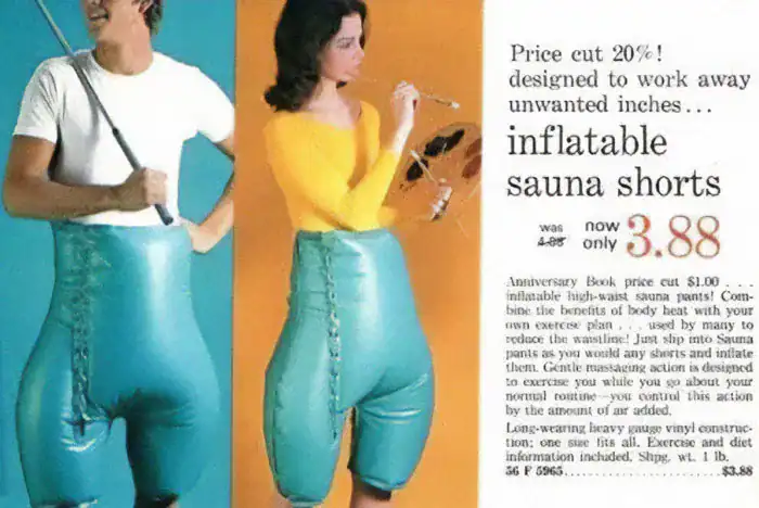 Retro advertisement for inflatable sauna shorts claiming to work away unwanted inches.