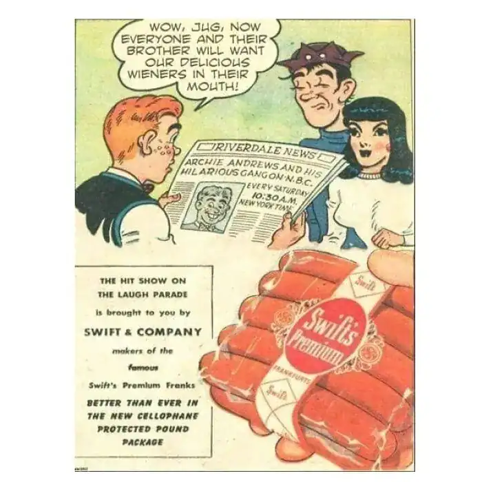 Comic book ad for Swift's Premium Franks with accidental double entendre about wieners in mouths.