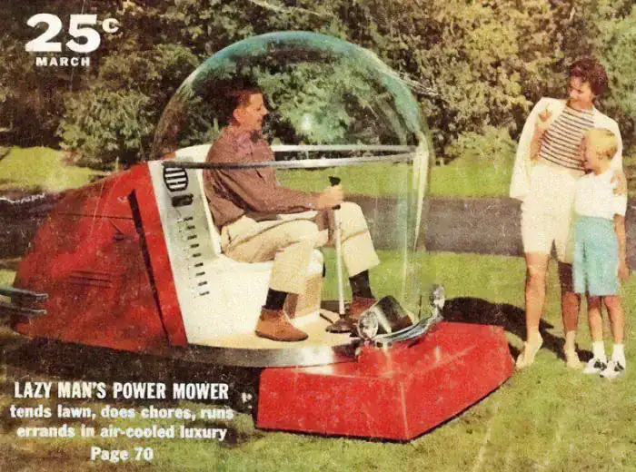 Futuristic 1950s concept ad for a Lazy Man's Power Mower featuring an air-conditioned glass bubble.