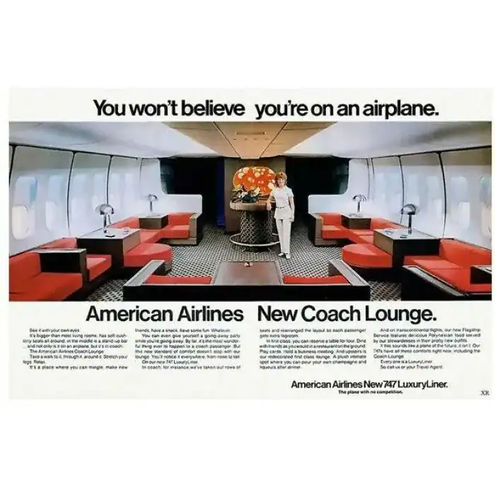 American Airlines ad showing a spacious 747 luxury lounge with a piano bar and sofas.