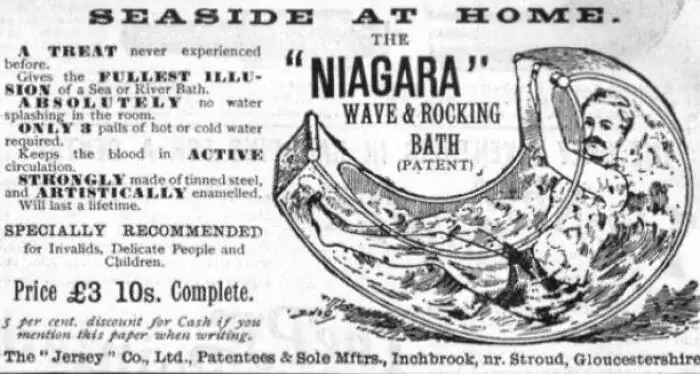 Victorian era ad for a Niagara Wave and Rocking Bath showing a man rocking in a metal tub.
