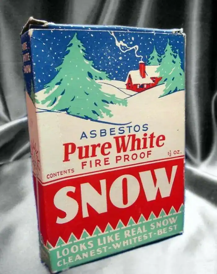 Vintage box of Asbestos Pure White Snow for Christmas decoration.
