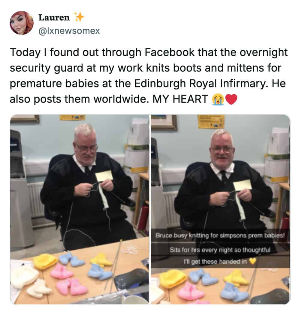 A wholesome meme showing a security guard named Bruce knitting hats and booties for premature babies while on duty.