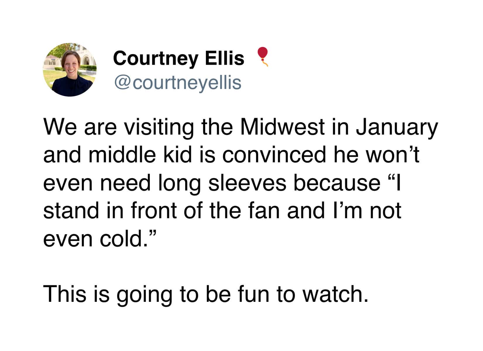 A winter meme tweet about a child visiting the Midwest thinking they don't need long sleeves because they use a fan.