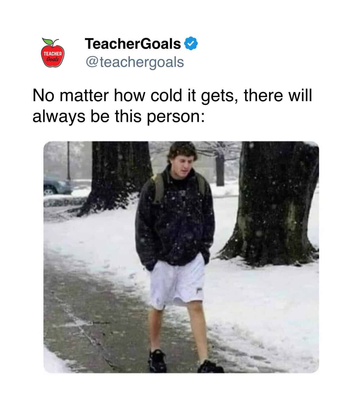 A winter meme photo showing a guy walking in snow wearing gym shorts and a hoodie.