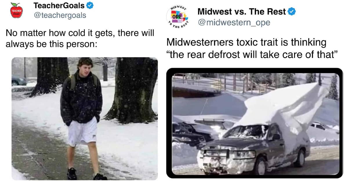 Collection of winter meme images and funny tweet about winter compilations featuring soup trucks and snow day scams