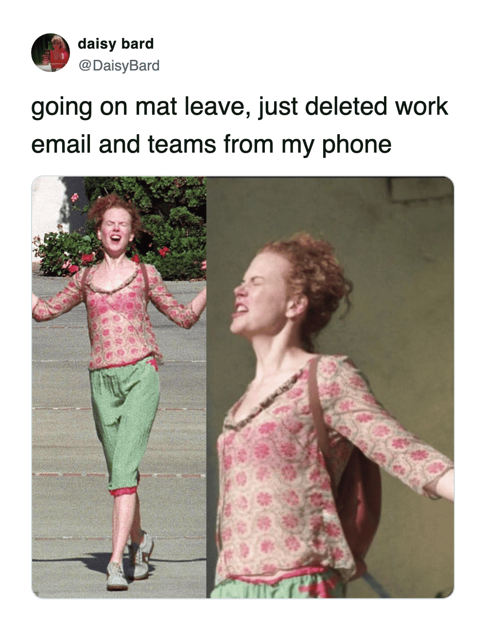 Nicole Kidman cheering after divorce meme representing deleting work apps for maternity leave.