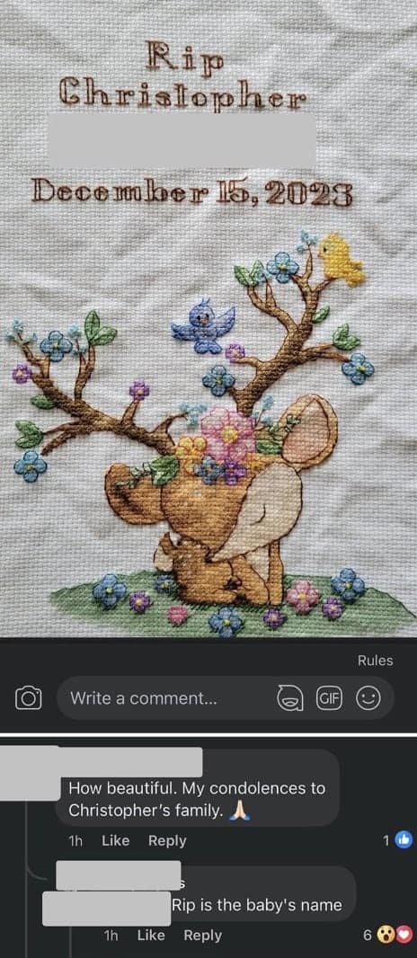 A photo of embroidery text reading "Rip Christopher," which is clarified in comments to be one of the worst baby names ever.